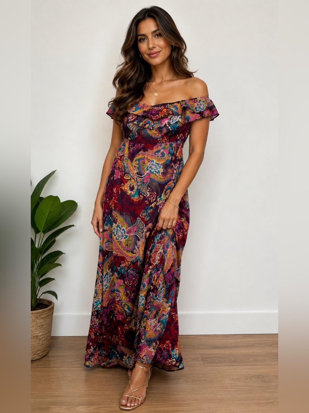 Off-Shoulder Burgundy Paisley Maxi Dress